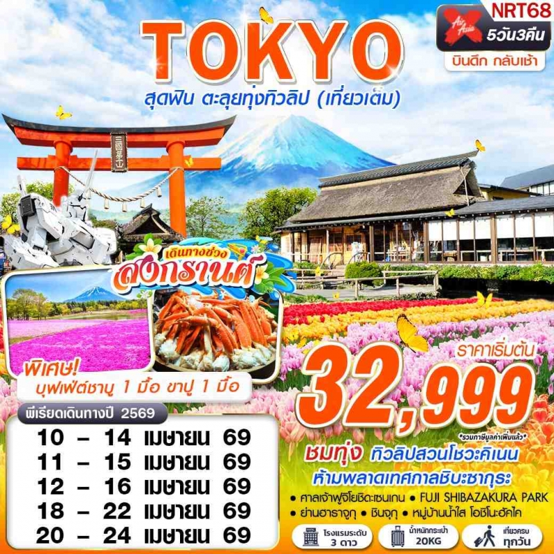 ทัวร์โตเกียว สุดฟิน ตะลุยทุ่งทิวลิป (เที่ยวเต็ม) บินดึกกลับเช้า APR 5D3N